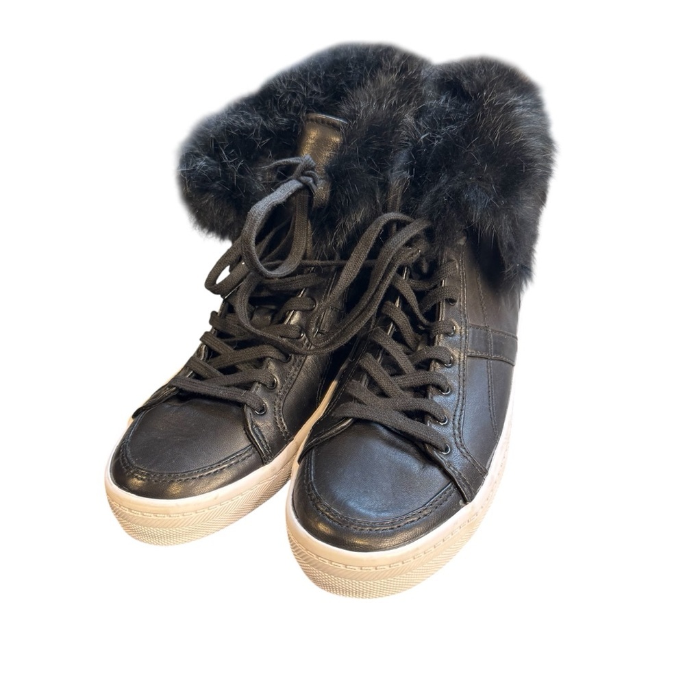 New Rebecca Minkoff Sasha High Top Leather Rabbit Fur Sneakers Size 7 S5 - Picture 2 of 6